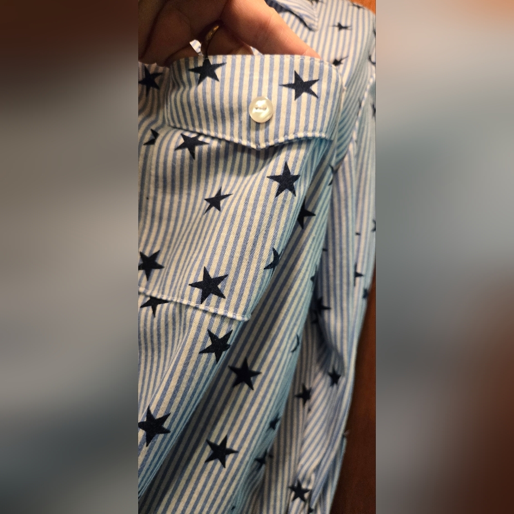 Eden & Olivia soft blue stripped star button front tie bottom top szM - Picture 6 of 8